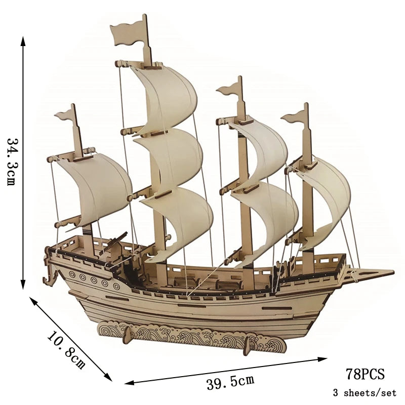 Wood 3D puzzle model of a sailboat with beige sails and deck, 78 pieces