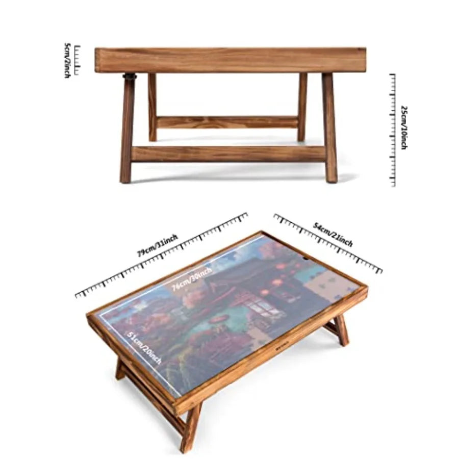 LED jigsaw puzzle table with wooden frame and adjustable tabletop, open legs
