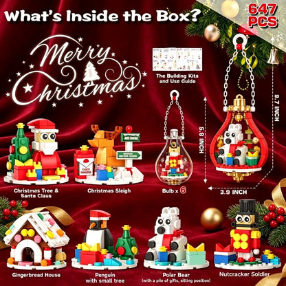 Christmas building ornament set with six clear bulbs and miniature brick figures