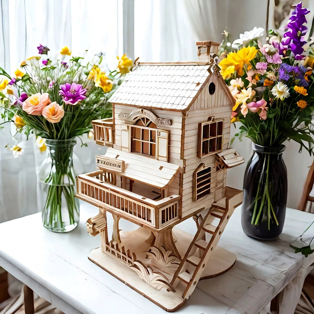 Wooden treehouse model with front balcony, arched windows, and side ladder