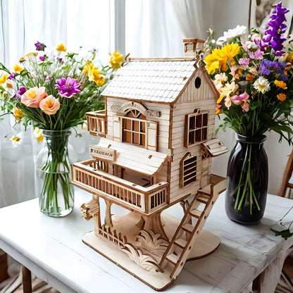 Wooden treehouse model with front balcony, arched windows, and side ladder