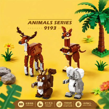 Animal building blocks: two deer, a squirrel and a gray koala