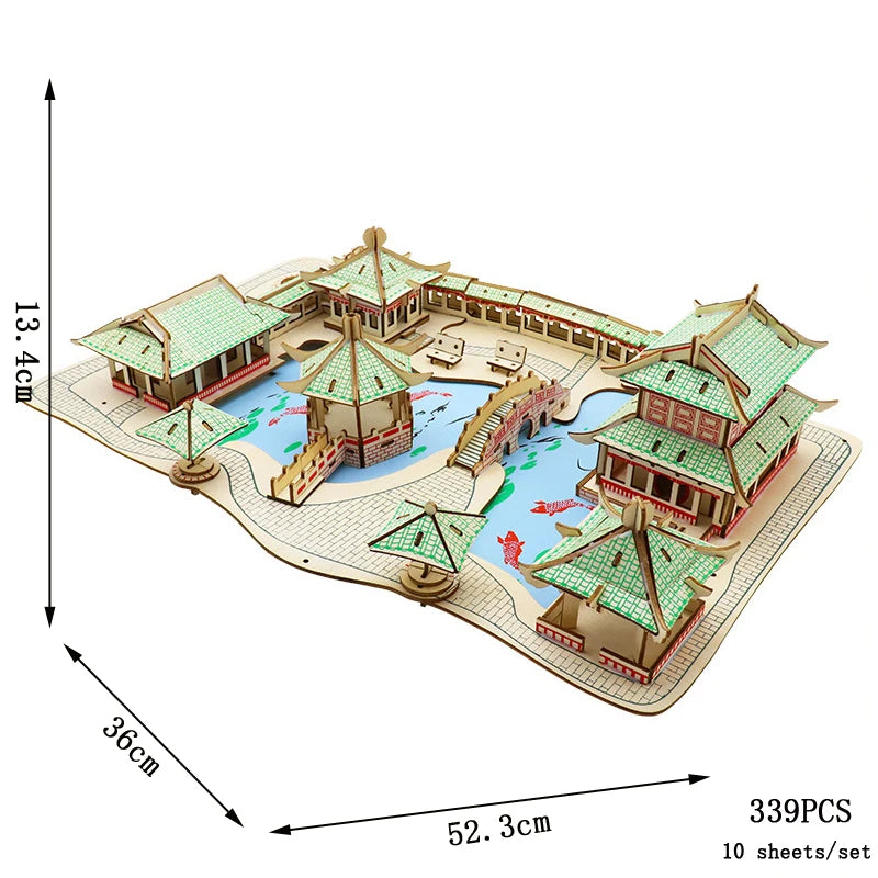 Green-roof palace 3D wooden puzzle with courtyard and walls, 339 pieces