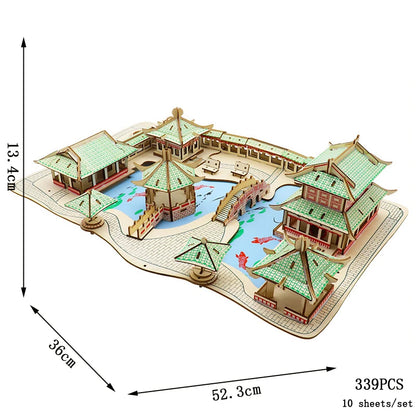Green-roof palace 3D wooden puzzle with courtyard and walls, 339 pieces