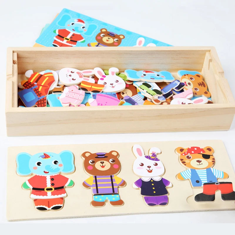 Wooden Dress-Up Puzzle Set for Kids with Storage Box