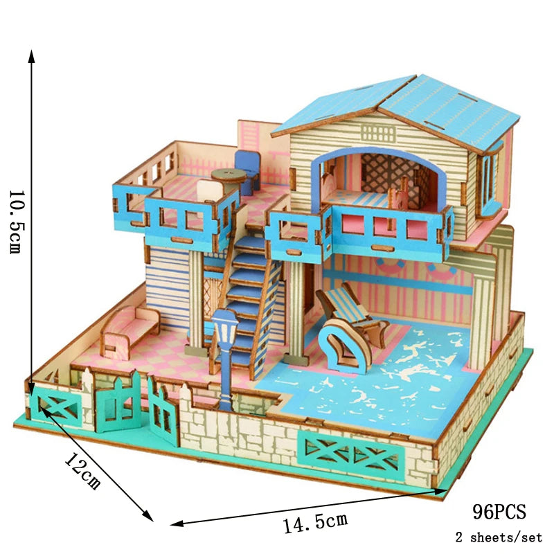 Colorful 3D wooden beach house puzzle with pool, stairs, and veranda