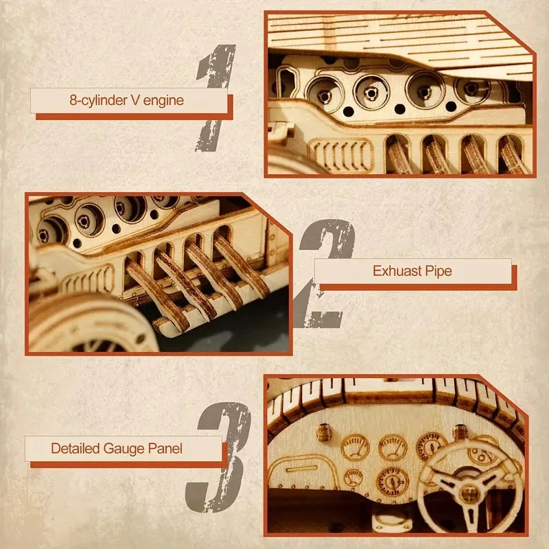Laser-cut wooden race car model components with cutaway section views.