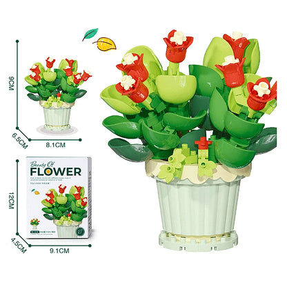 Green flower pot building blocks with red flower accents and a white pot