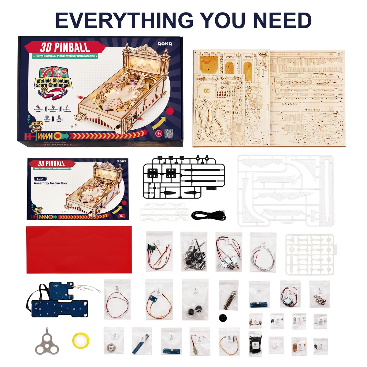 Wooden pinball machine kit contents: puzzle boards, wires, and small hardware parts