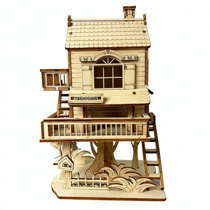 Wooden treehouse model with arched doors, wraparound deck, and standing ladder