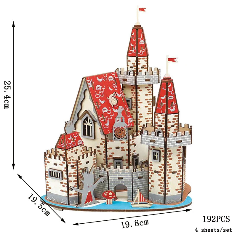 Wood 3D puzzle model of a castle building with red roof accents, 192 pieces