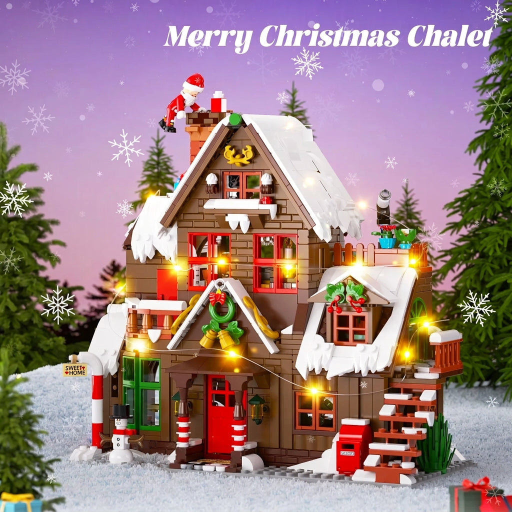 Wooden-style Christmas house building set with lit windows, chimney, and snow-covered roof