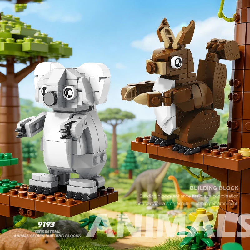 Gray koala and brown squirrel building block models on platforms
