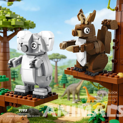 Gray koala and brown squirrel building block models on platforms