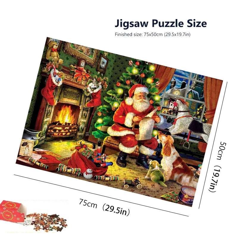 Christmas advent jigsaw puzzle size diagram, 75x50cm finished with Santa scene