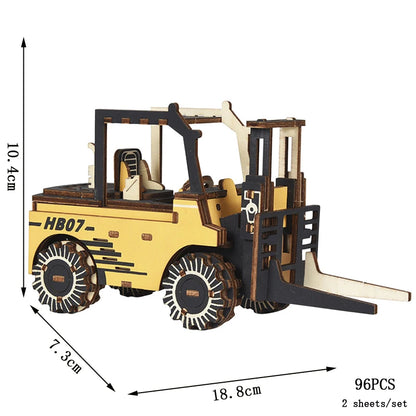 Wood 3D puzzle model of a forklift-style machine, beige and black details, 96 pieces