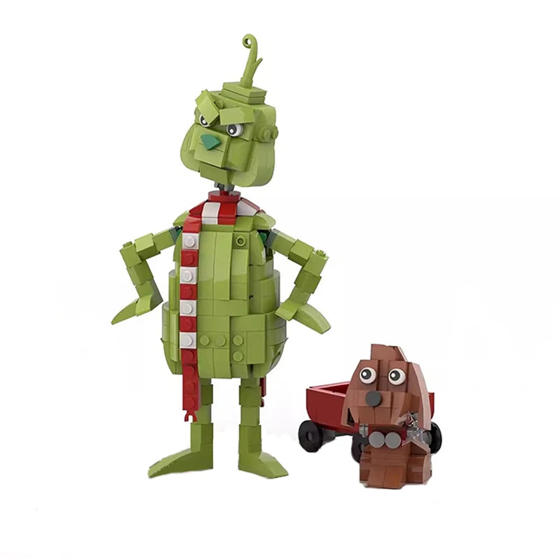 Brick-built green character with red stripe vest and green arms, plus small brown cart
