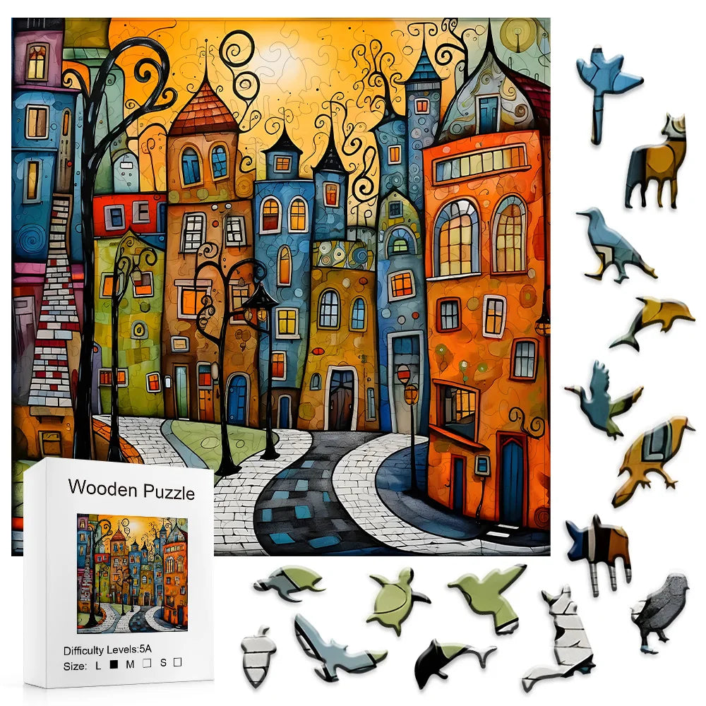 Whimsical Colourful City Wooden Puzzle