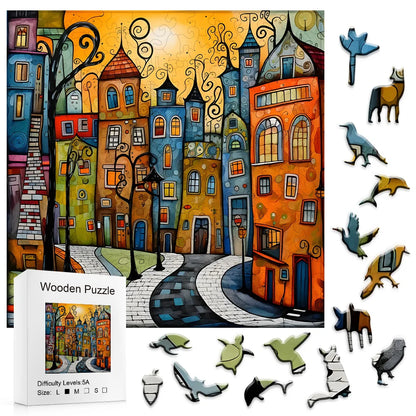 Whimsical Colourful City Wooden Puzzle