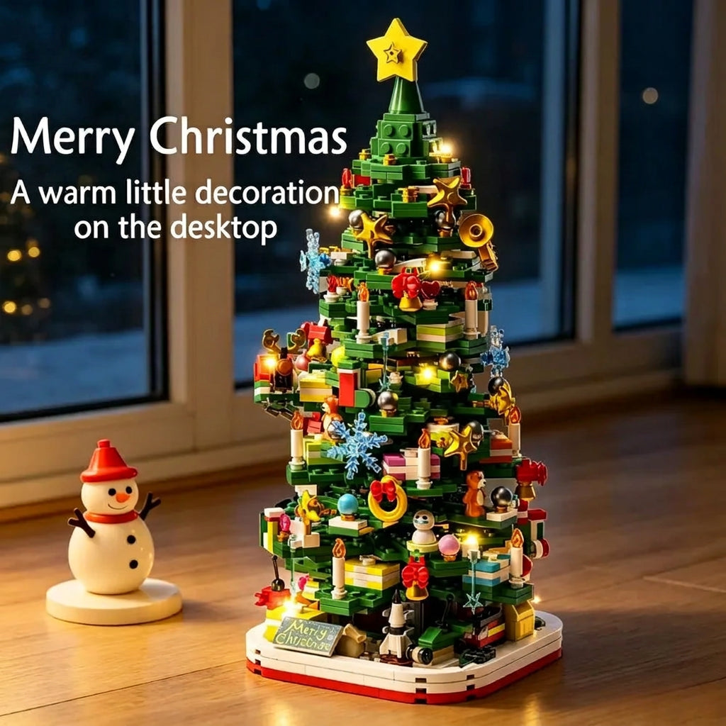 Lighted building block Christmas tree with colorful ornaments and a yellow star topper