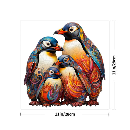 Colorful penguin family design with dimensions on a white background