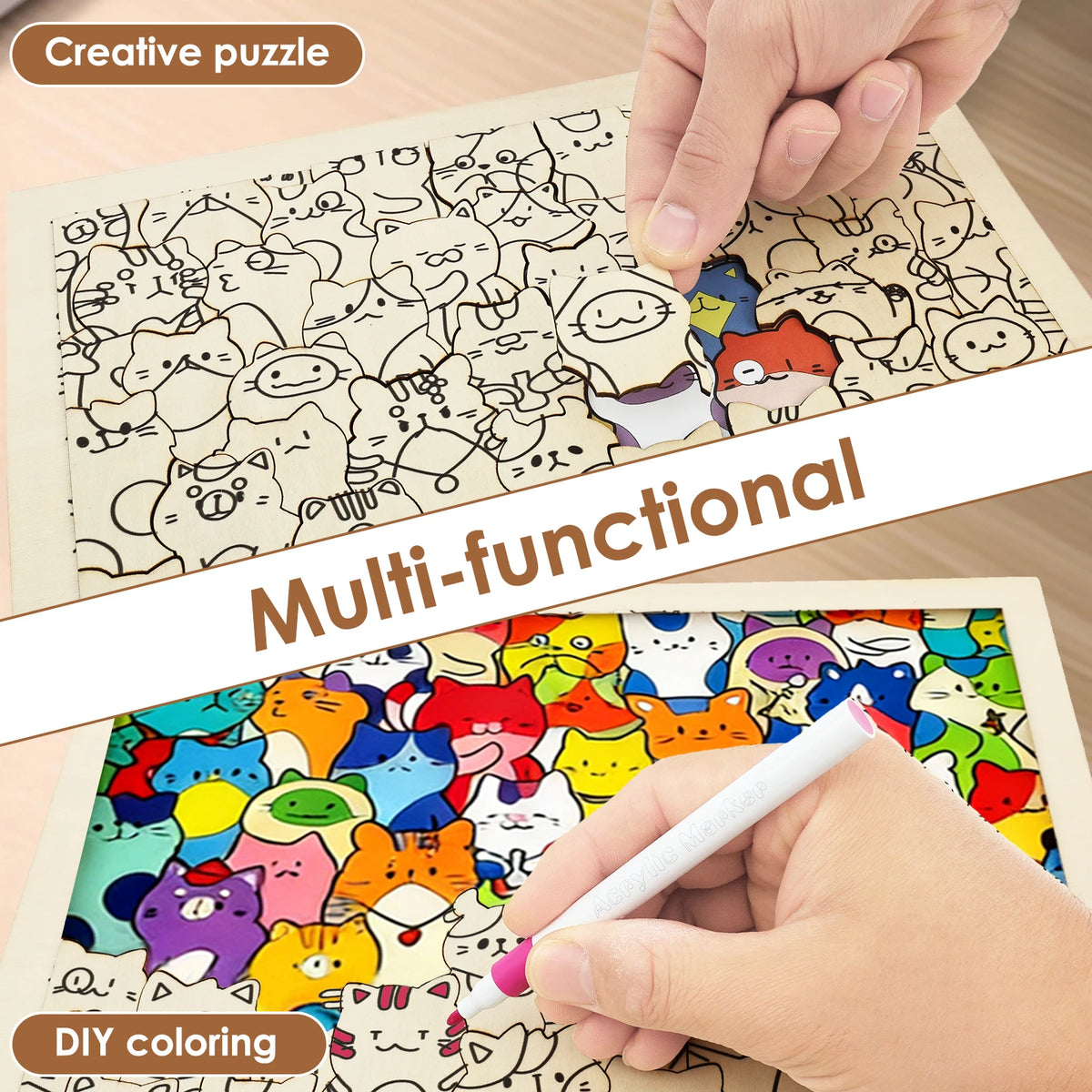 Cat paint puzzle coloring sheet with hand coloring outlined cats, marker and finished image