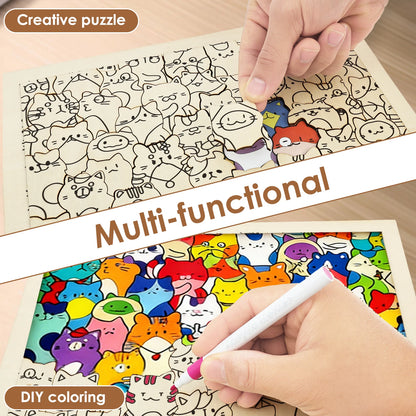 Cat paint puzzle coloring sheet with hand coloring outlined cats, marker and finished image