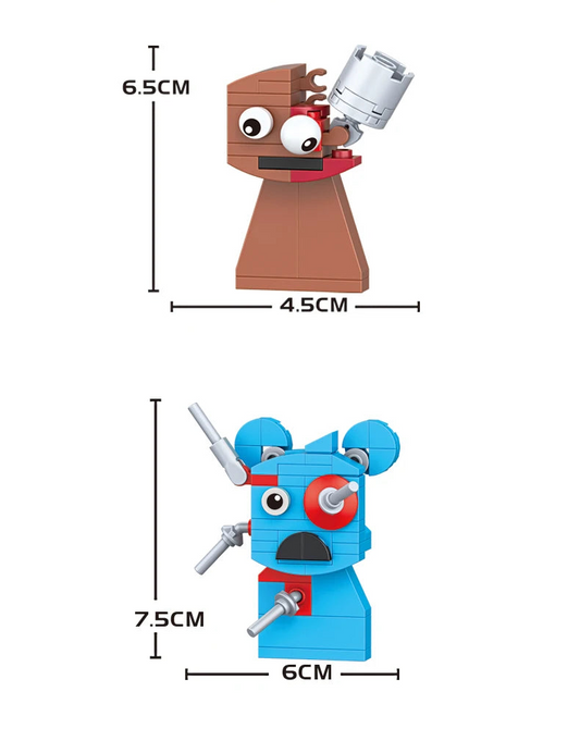 Two brick robot minifigures, blue and brown, shown with size measurements