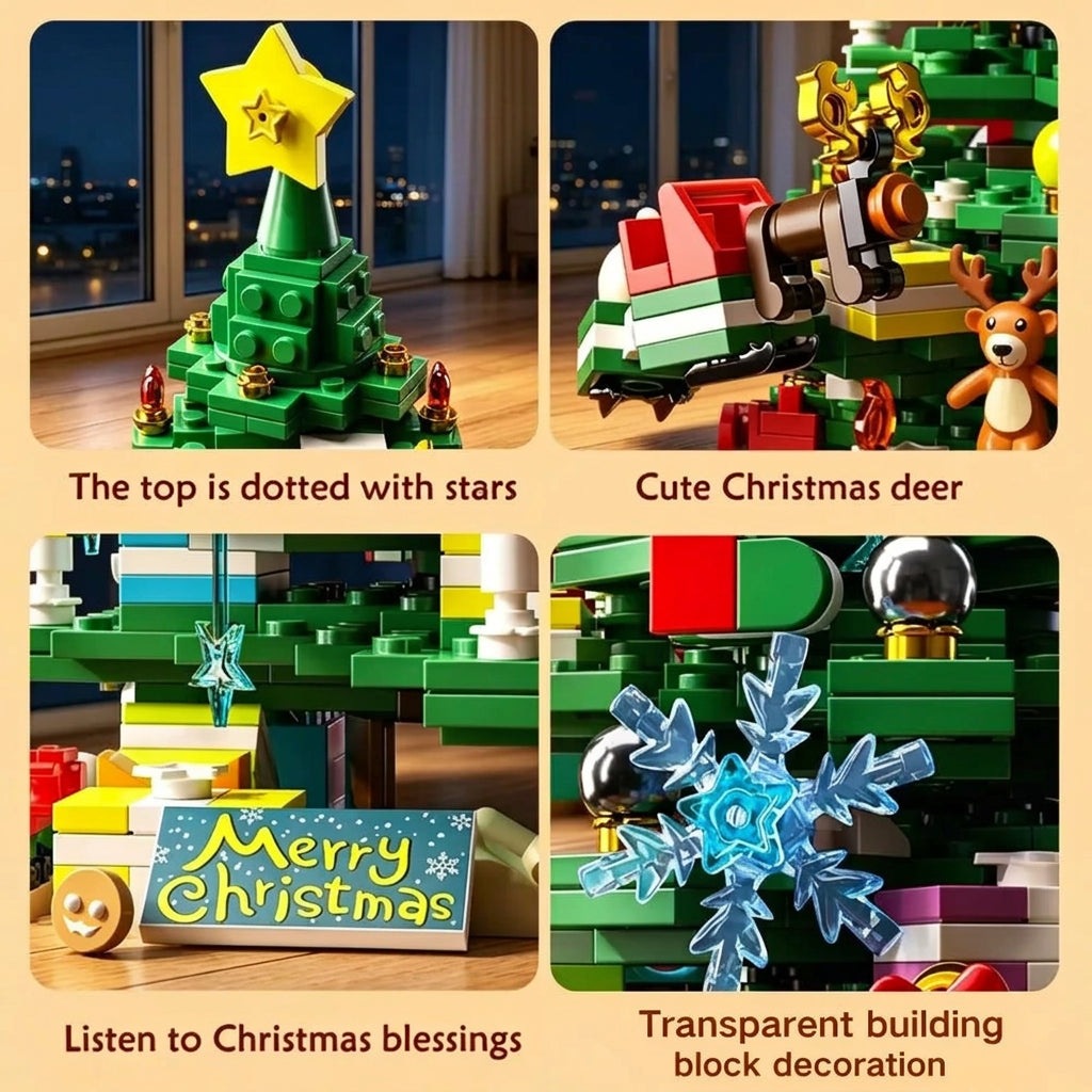 Christmas tree building block details: star topper, deer, greeting plaque, and blue snowflake