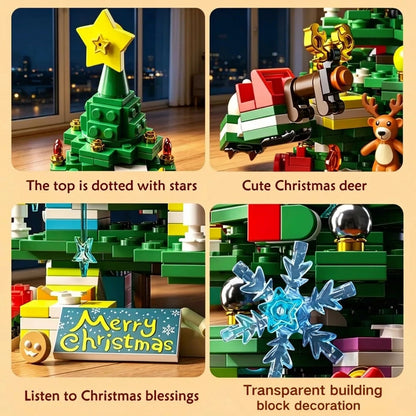 Christmas tree building block details: star topper, deer, greeting plaque, and blue snowflake