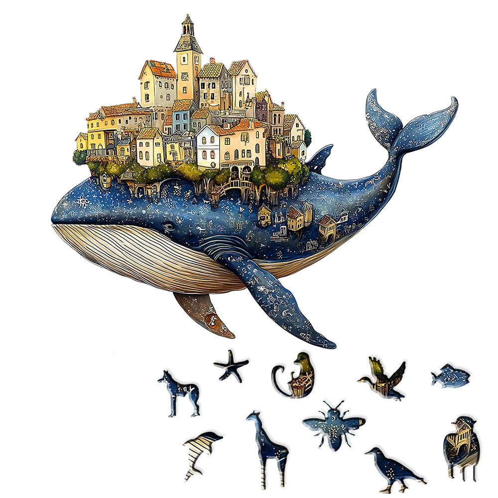 Wooden puzzle set with whale and city design, including pieces and packaging on a white background
