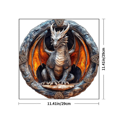 Decorative wall art of a dragon with measurements on a white background