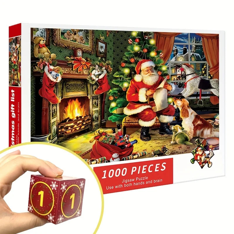 Christmas advent jigsaw puzzle box with “1000 pieces” and numbered window 1