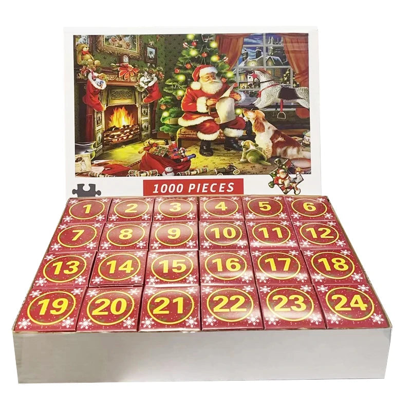 Christmas advent calendar puzzle box with 1,000-piece jigsaw and 1–24 numbered doors