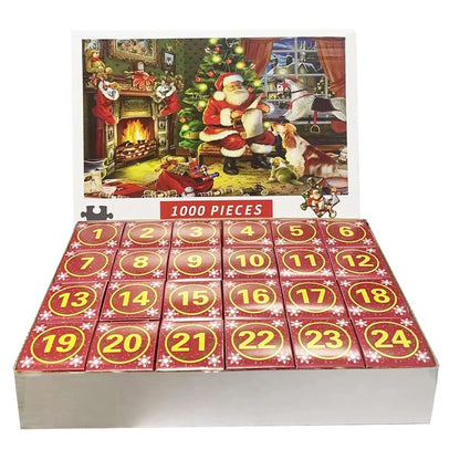 Christmas advent calendar puzzle box with 1,000-piece jigsaw and 1–24 numbered doors