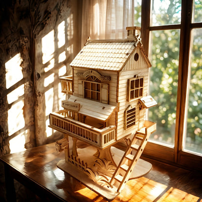 Wooden treehouse model with tiled roof, balcony, and ladder steps