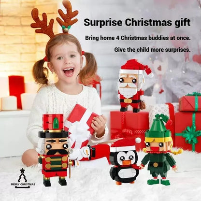 Christmas building set with girl model holding Santa and nutcracker block figures