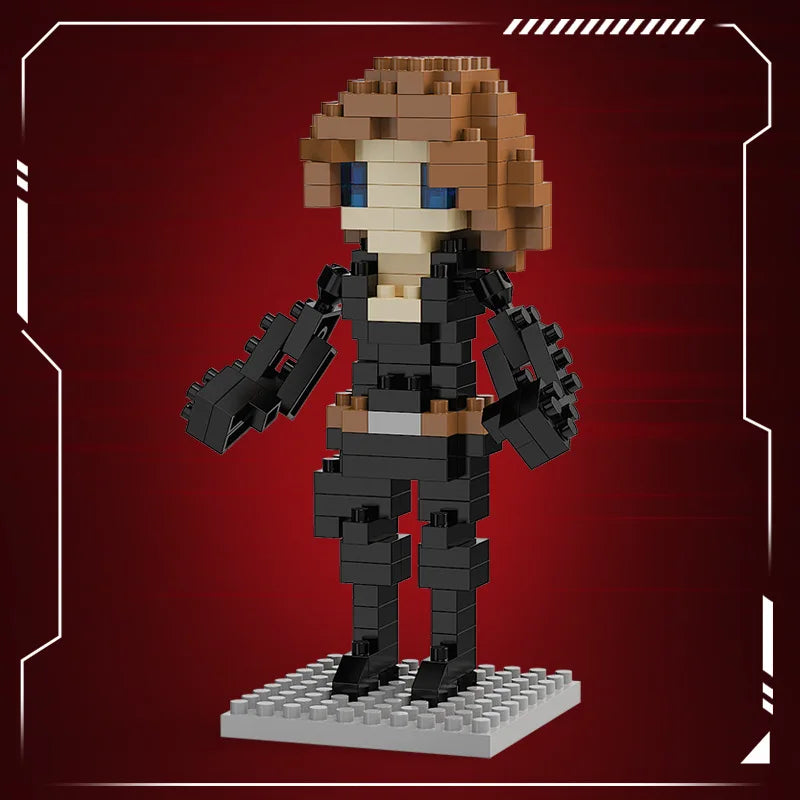 Mini brick hero figure in tan, black, and gray holding two black blaster pieces on gray base