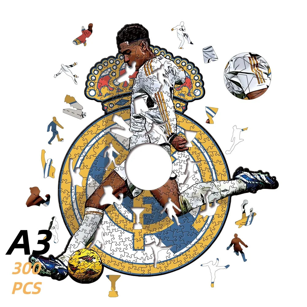 Wooden football puzzle with central circular player artwork and loose piece shapes