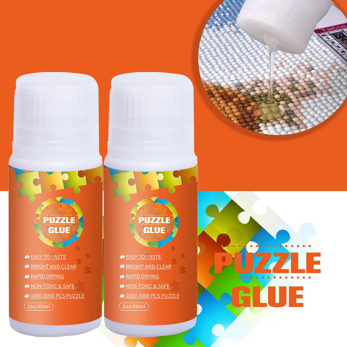 Two glue bottles with orange labels, plus dropper dispensing clear liquid