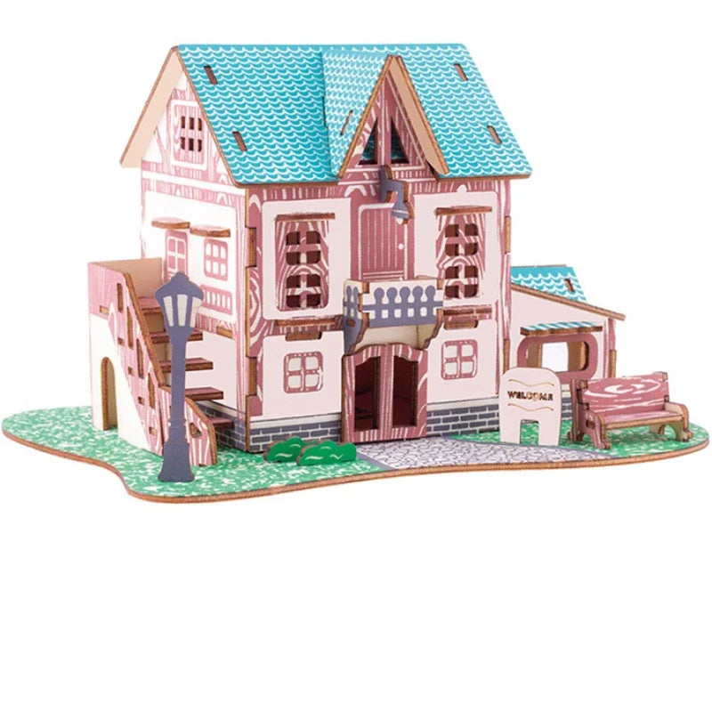 Wooden mini house model with blue shingle roof and pink-and-brown facade