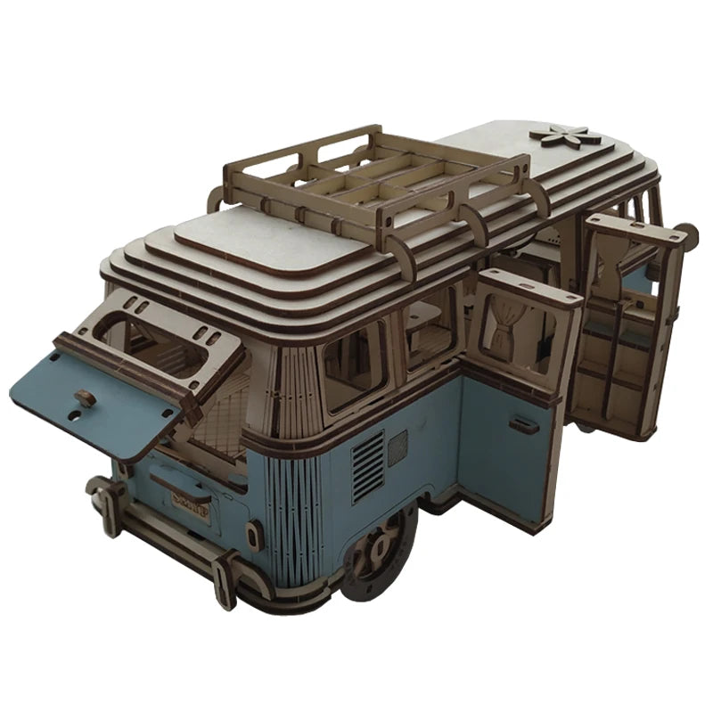 Brown and blue 3D wooden crane truck puzzle with cab and stacked platform
