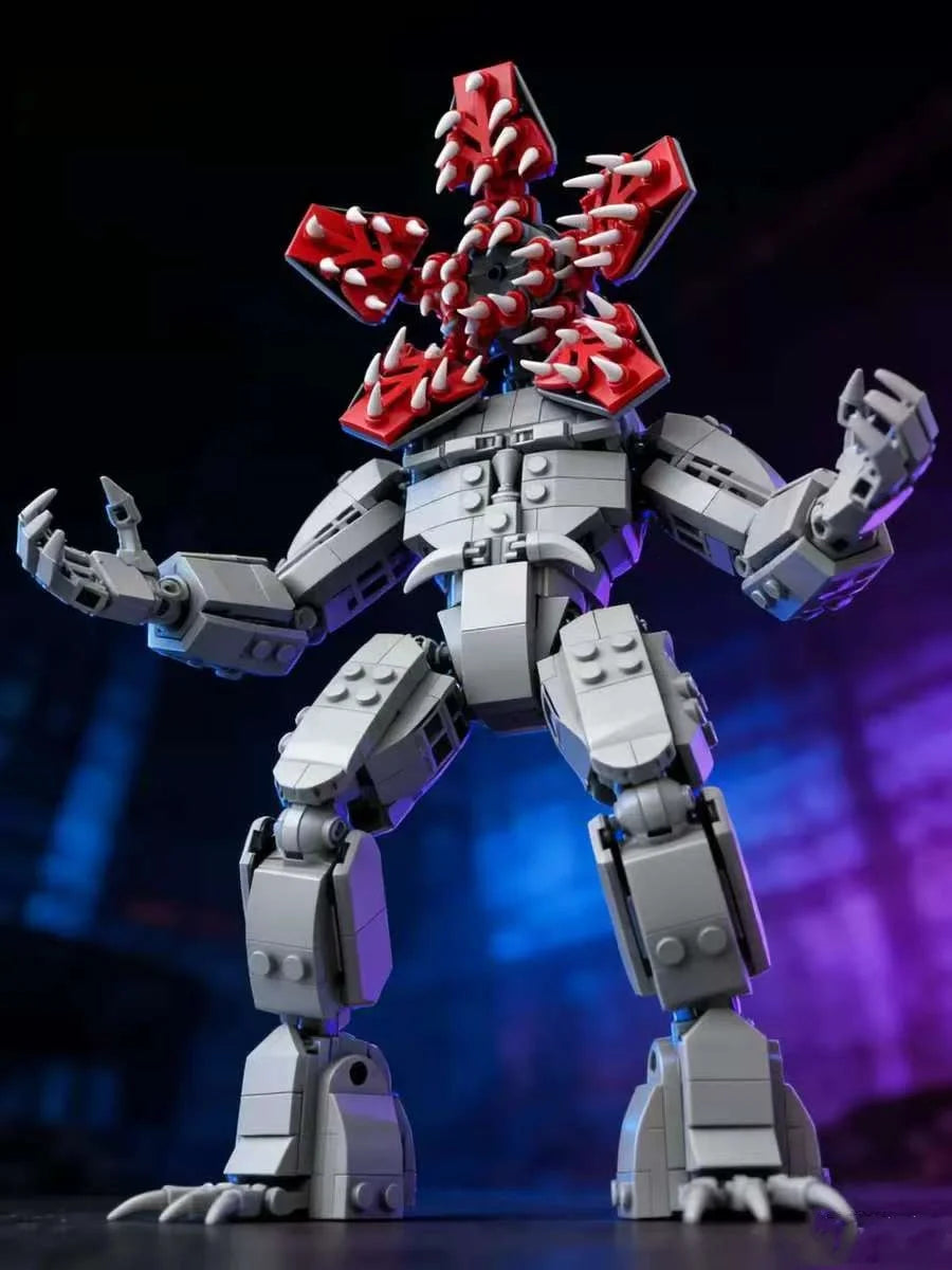 Brick-built monster robot with gray armor and red spiked core, front view