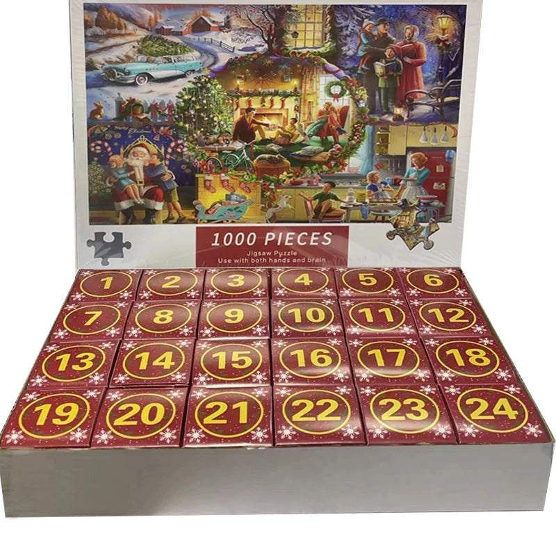 Christmas advent jigsaw puzzle box showing village scene plus numbered compartments 1 to 24