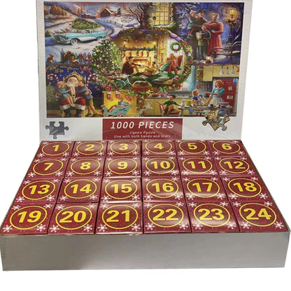 Christmas advent jigsaw puzzle box showing village scene plus numbered compartments 1 to 24