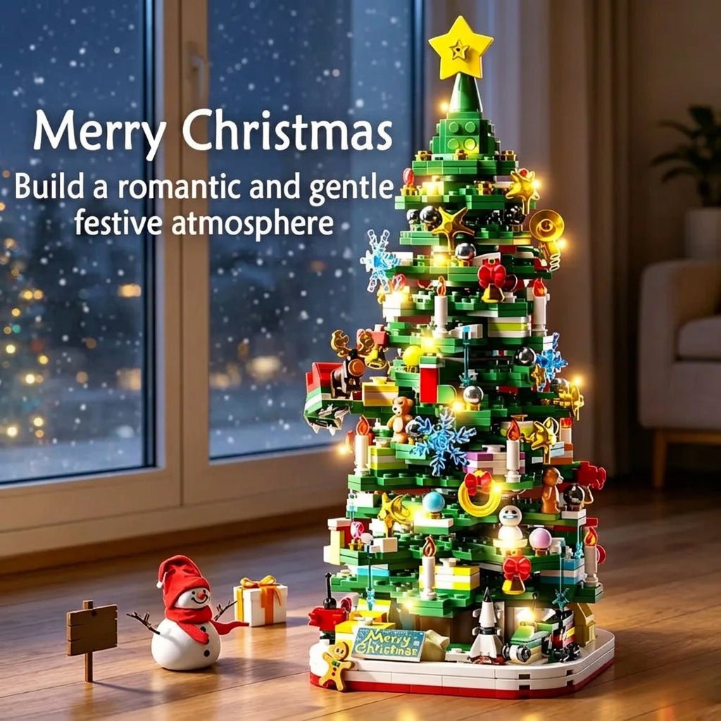 Christmas tree building block set with colorful ornaments, star topper, and lights