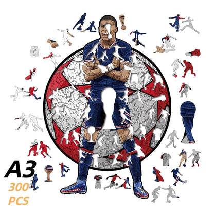 Football stars jigsaw puzzle with a large circular keyhole shape and player silhouettes