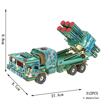 Wood 3D puzzle model of a teal armored vehicle with turret, 312 pieces