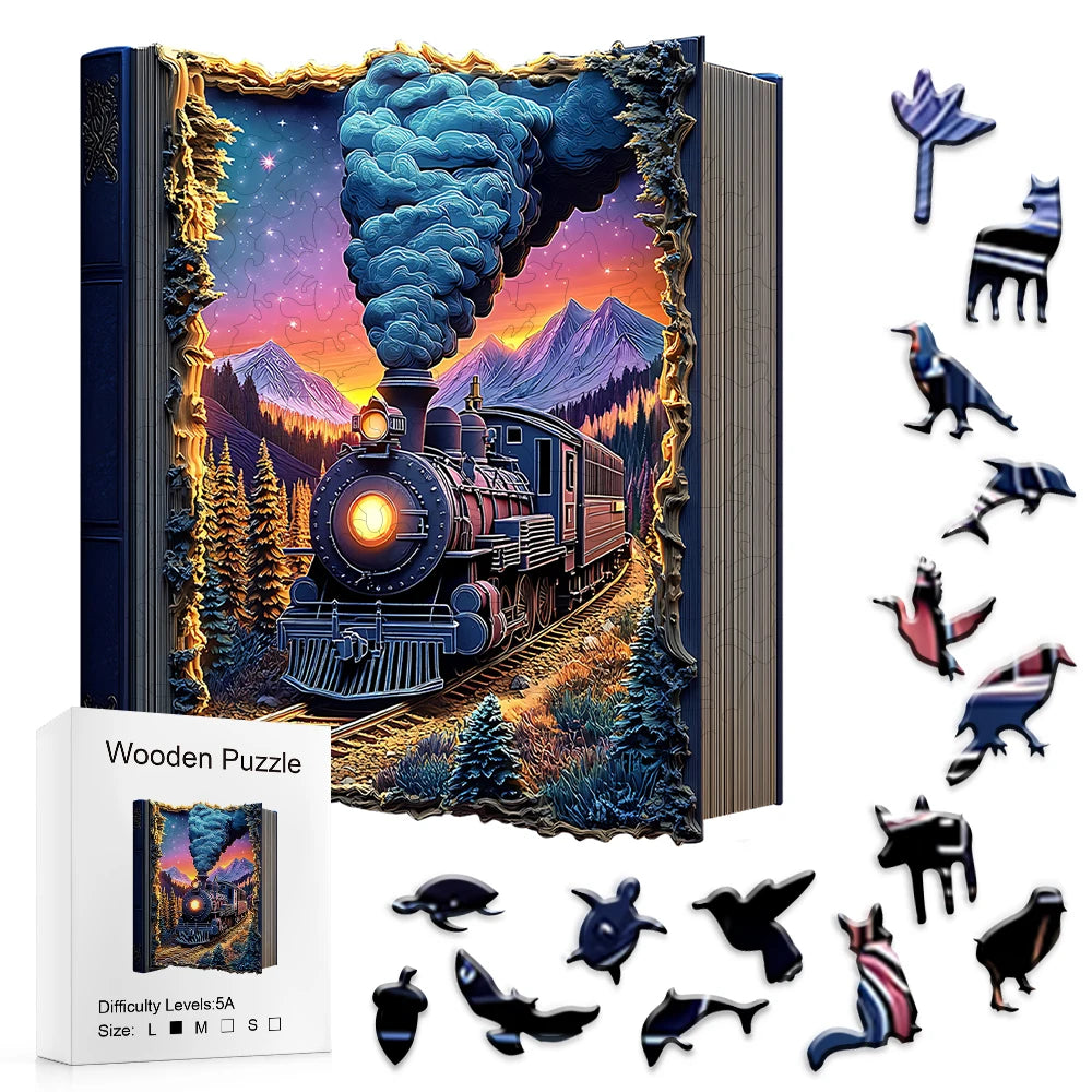 Wooden puzzle with train design on packaging and scattered pieces.