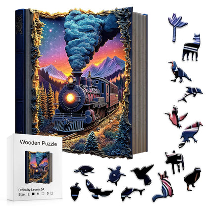 Wooden puzzle with train design on packaging and scattered pieces.